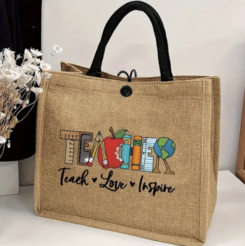 Τσάντα Ώμου Tote Λινάτσα με Στάμπα "Teacher"