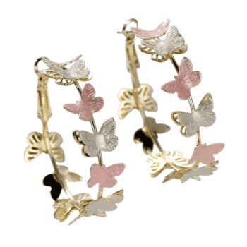 Χρυσοί Κρίκοι Σκουλαρίκια με Ροζ Λευκές Πεταλούδες